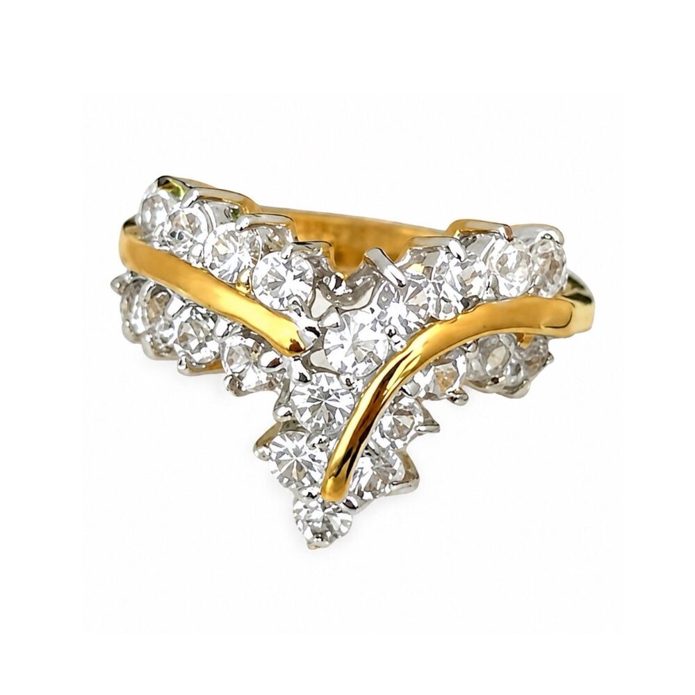 Vintage 1970s Cocktail Ring Size 10 CZ Chevron 14KT Gold Plate - 14V